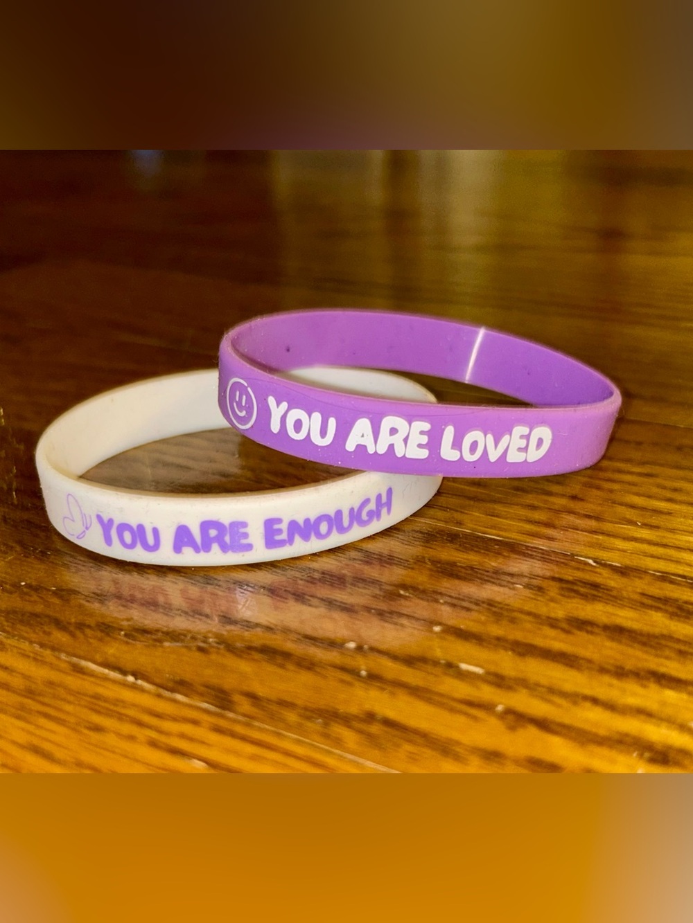 “You are loved” & “You are Enough” Bracelets; white butterfly & purple smiley